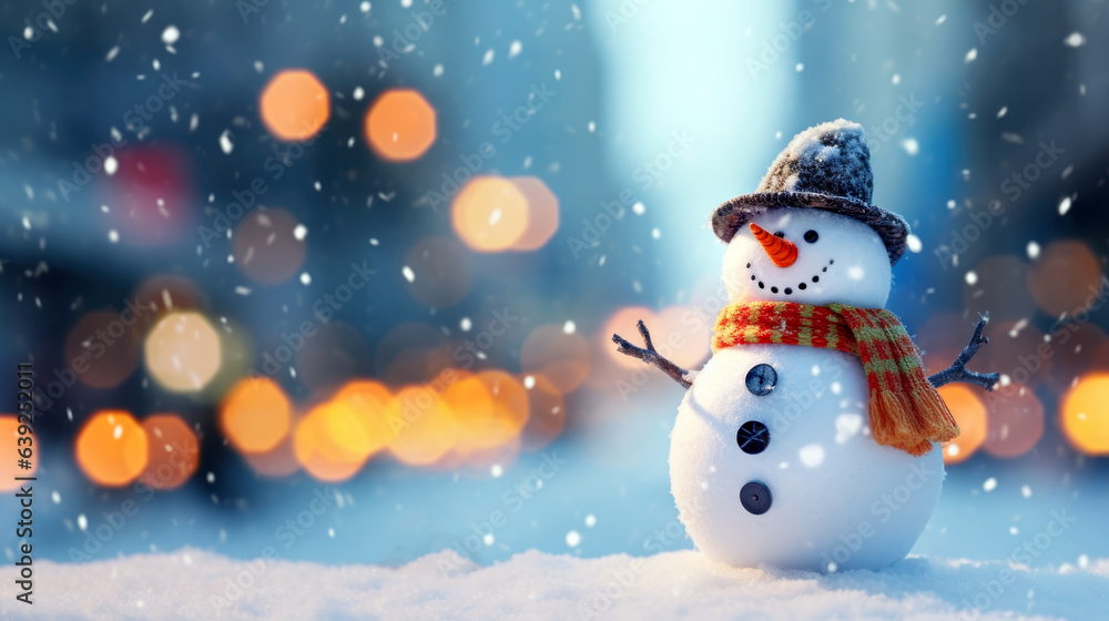 Fototapeta premium happy snowman in winter on holiday christmas background