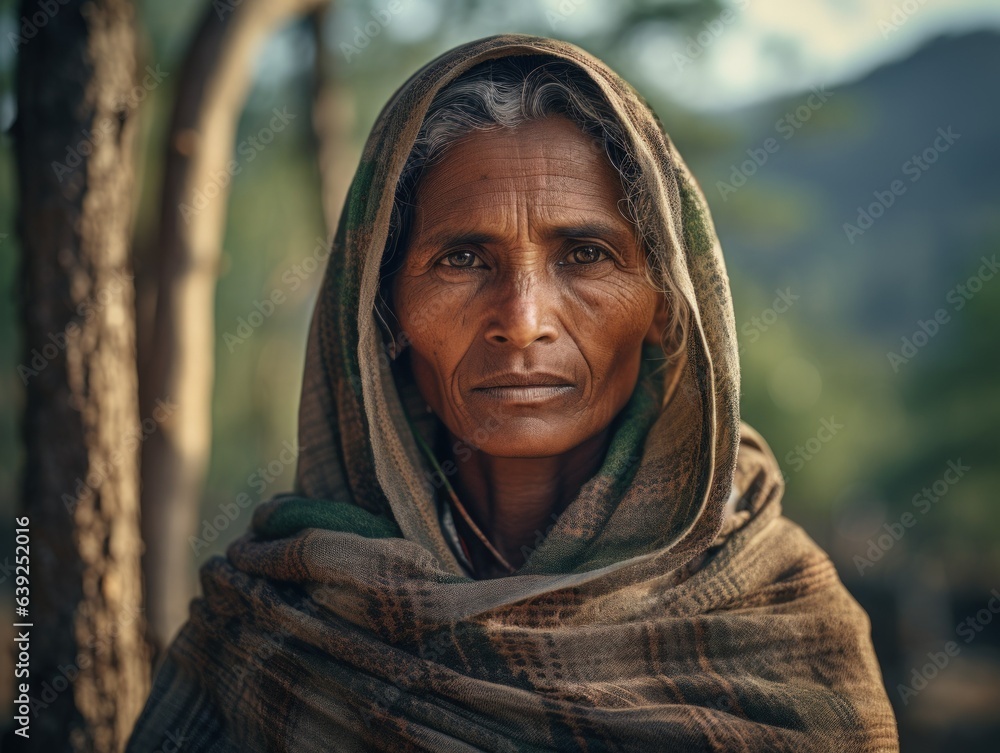 Portrait of a Fictional Indian Himalayan Village Woman in a Forest. Generative AI. Portrait of a Fictional Indian Himalayan Village Woman in a Forest. Generative AI.