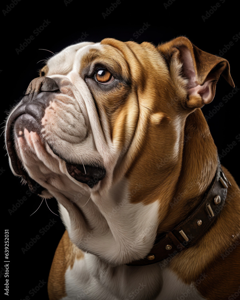 Generated photorealistic image of a serious French bulldog in profile t