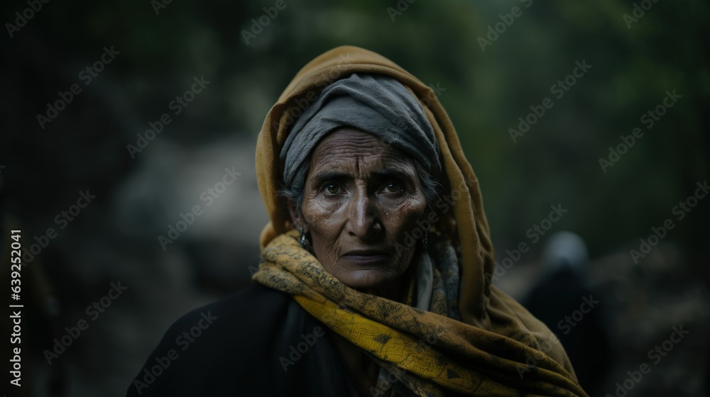 Portrait of a Fictional Indian Himalayan Village Woman in a Forest. Generative AI.