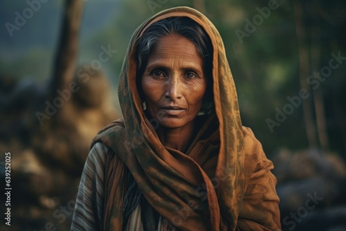 Portrait of a Fictional Indian Himalayan Village Woman in a Forest. Generative AI.