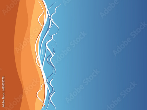 Sea, ocean shore with golden sand, blue water and waves. vector illustration of a coastline. Environment conservation.