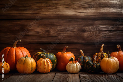 wood season background halloween fall orange autumn pumpkin wooden leaf vintage. Generative AI.