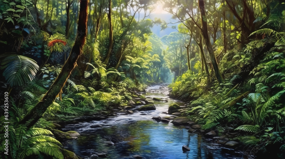 Fototapeta premium River Floating in Lush Green Forest with Sunlight Filtering Through Trees