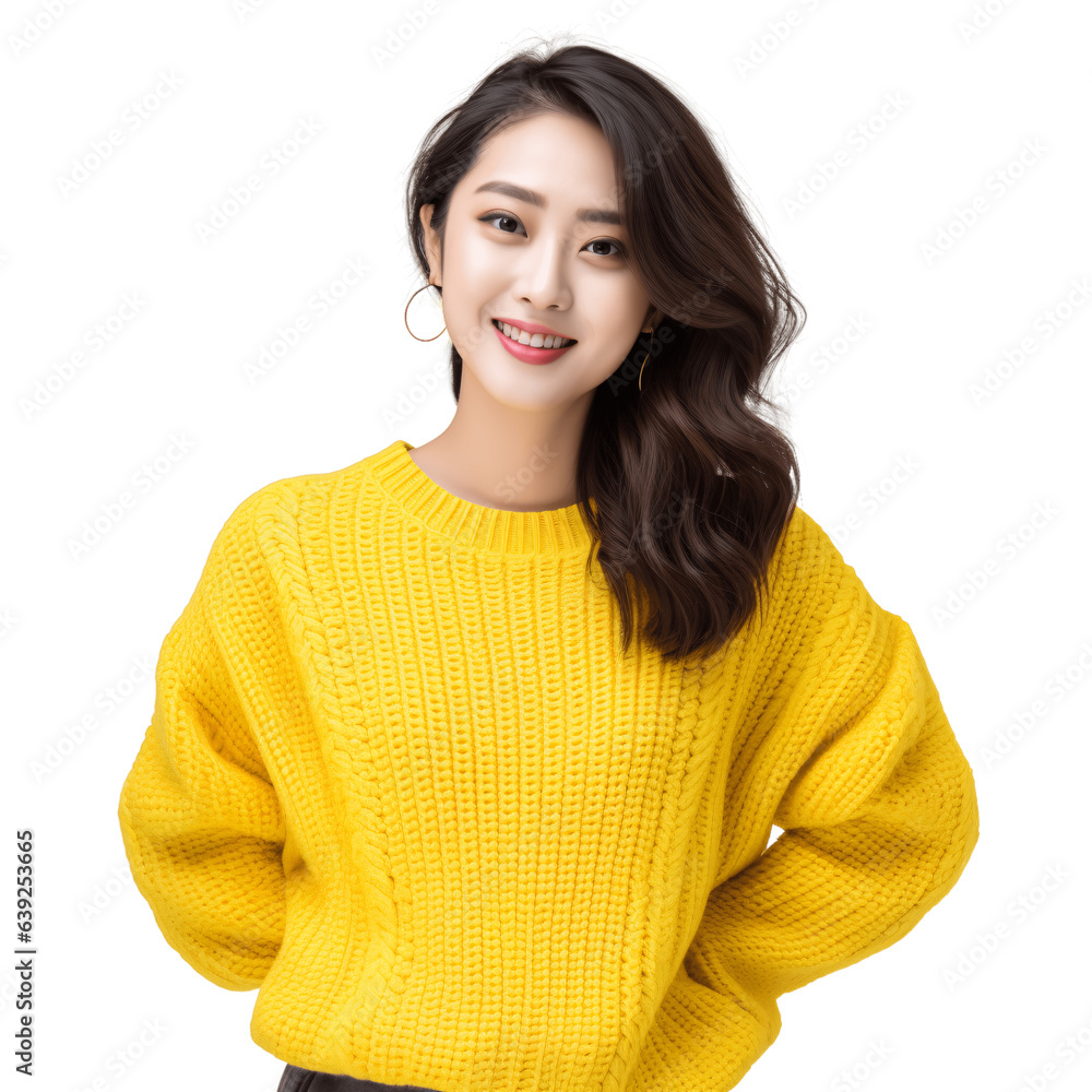 Attractive asian woman wearing bright yellow cozy knitted sweater. Isolated on transparent background Attractive asian woman wearing bright yellow cozy knitted sweater. Isolated on transparent background