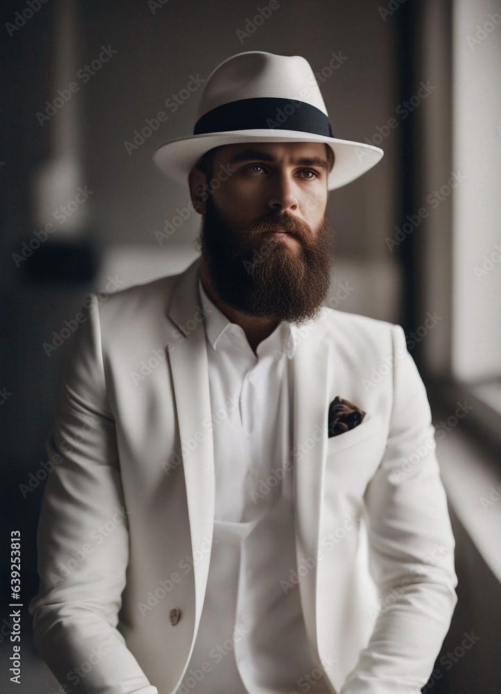 A bearded man in a white suit and a white hat. Generative AI.