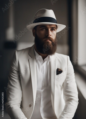 A bearded man in a white suit and a white hat. Generative AI.