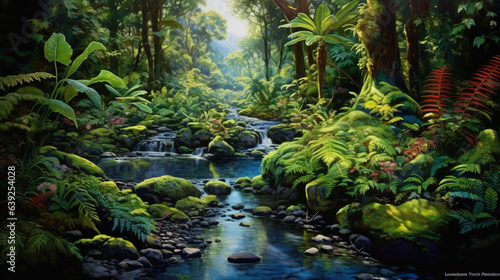 River Floating in Lush Green Forest with Sunlight Filtering Through Trees