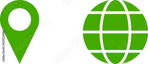 Set of Green World Globe Earth Web Map and Location Pointer Pin or You Are Here Marker Sign Icon Set. Vector Image.
