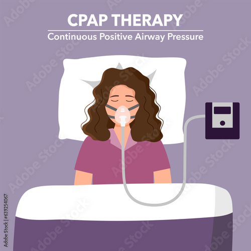 Woman with sleep apnea syndrome wearing cpap machine in flat design.