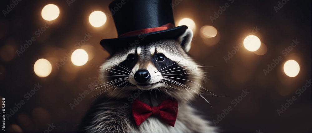 A raccoon in a cap and festive bow tie. Generative AI. - obrazy, fototapety, plakaty 