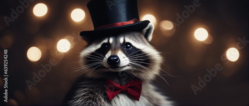 A raccoon in a cap and festive bow tie. Generative AI.