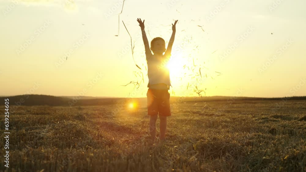 Embracing the Bliss of Youth: Radiant Kid Delightedly Throwing Hay on a Sunlit Wheat Field, Experiencing Freedom and Joy. High quality 4k footage Embracing the Bliss of Youth: Radiant Kid Delightedly Throwing Hay on a Sunlit Wheat Field, Experiencing Freedom and Joy. High quality 4k footage