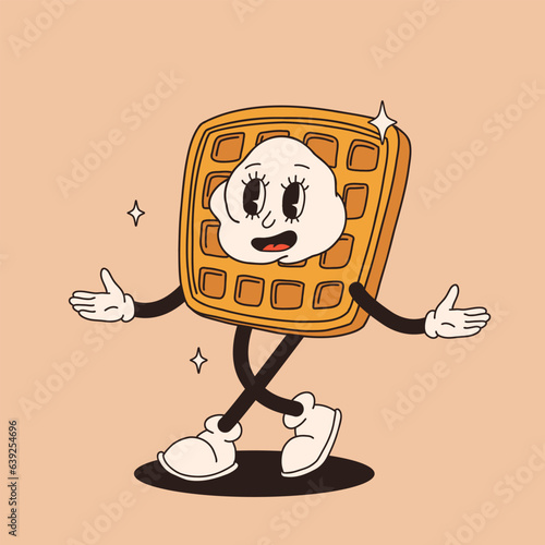 Funny Retro cartoon Pumpkin Character in groovy 50s, 60s, 70s Vintage Style. Happy Autumn mascot with pumpkin spice latte, pumpkin pie, pudding, cake, cupcake, waffles, donut and coffee.