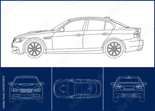Sport Car template. Transportation outline stroke template. Blueprint layout. Wrap sticker, air brush, vynils, recolor project. Vector eps 10