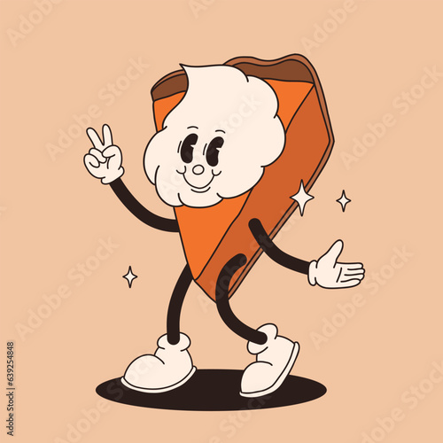 Funny Retro cartoon Pumpkin Character in groovy 50s, 60s, 70s Vintage Style. Happy Autumn mascot with pumpkin spice latte, pumpkin pie, pudding, cake, cupcake, waffles, donut and coffee.