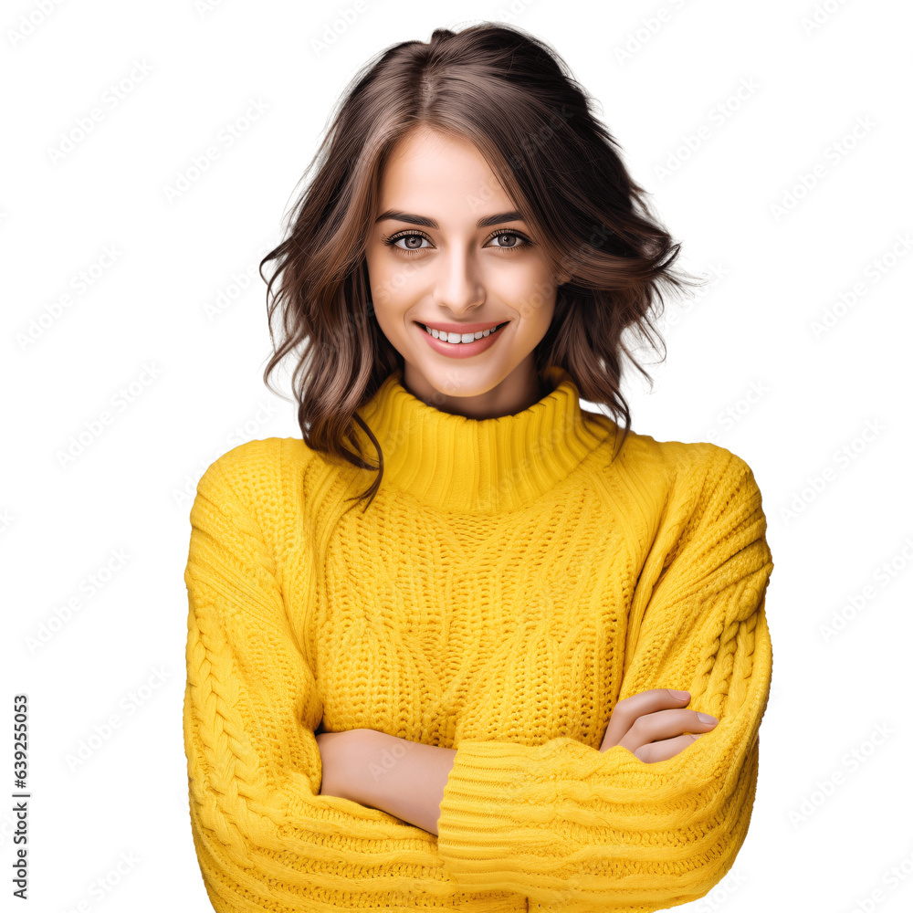 Attractive brunette woman wearing bright yellow cozy knitted sweater. Isolated on transparent background