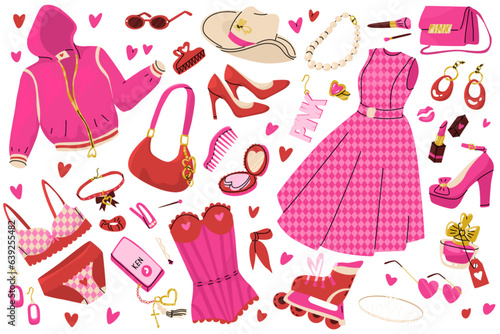 Clothes for the doll in pink and red colors. Trend accessories of a fashionable girl. Barbiecore sticker set. Vector illustration.