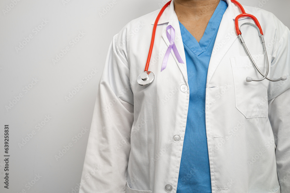 Asian woman doctor with purple ribbon, sign of Alzheimer disease day, Pancreatic cancer, Epilepsy, Lupus. Asian woman doctor with purple ribbon, sign of Alzheimer disease day, Pancreatic cancer, Epilepsy, Lupus.