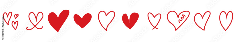Red heart doodle icon set in hand drawn style isolated on transparent background.