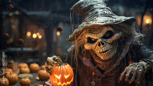 Scary witch with halloween jack o lantern