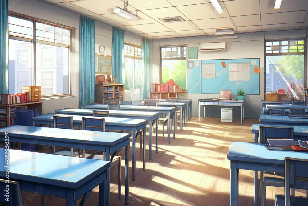school classroom interior in anime illustration style, 4K animated background school classroom interior in anime illustration style, 4K animated background