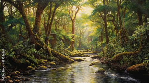 River Floating in Lush Green Forest with Sunlight Filtering Through Trees