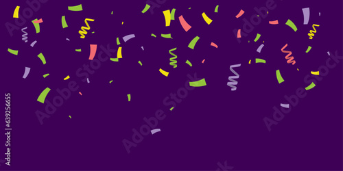 Colorful confetti isolated on dark background. Vector banner background with colorful serpentine ribbons, space for your text in the center. Anniversary, holiday, greeting illustration in simple flat