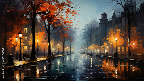 Watercolor Painting Autumn Night Trail of Trees with Glowing Lamps Pole in a Quiet Park