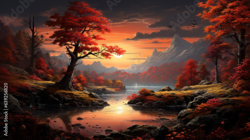 Beautiful autumn colored landscape at evening with river and mountains  AI Generated