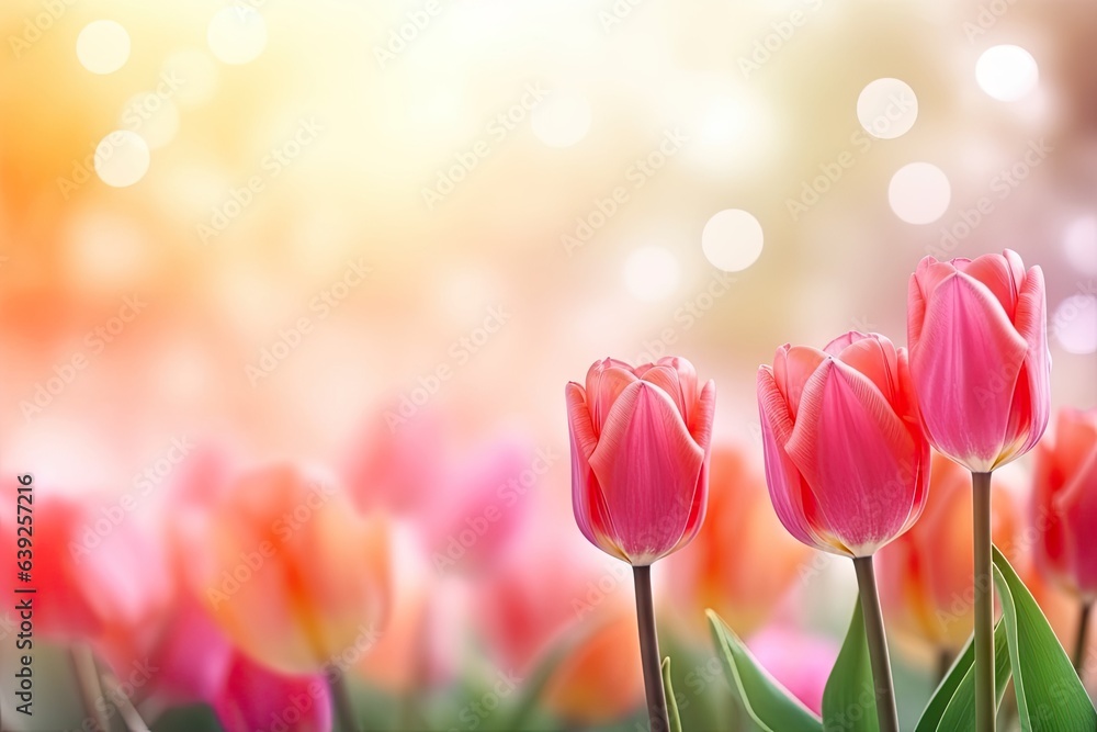 Tulip Rhapsody in Nature's Bokeh Background - A Floral Delight Capturing the Essence of Spring - A Radiant Canvas for Empty Copy Space - Bokeh Tulips Backdrop created with Generative AI Technology