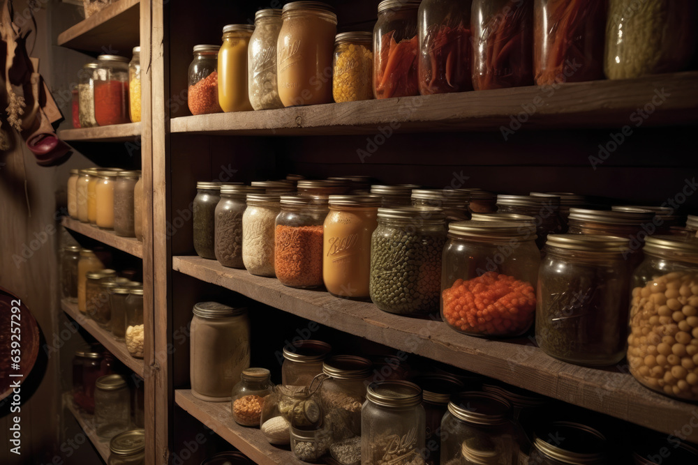 Dusty-covered jars lined up on shelves in a cellar, displaying an array of assorted preserves.