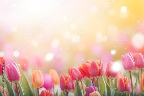 Tulip Rhapsody in Nature's Bokeh Background - A Floral Delight Capturing the Essence of Spring - A Radiant Canvas for Empty Copy Space - Bokeh Tulips Backdrop created with Generative AI Technology