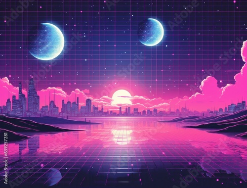 A futuristic pink land with a landscape with lighted icons photo