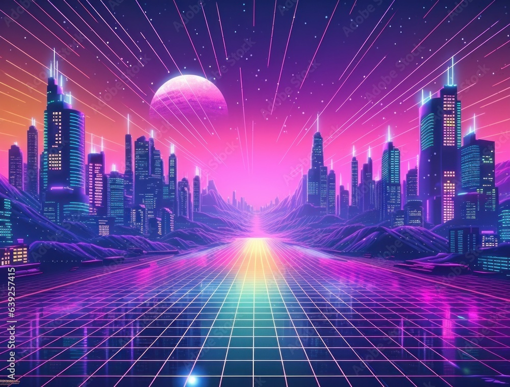 A futuristic pink land with a landscape with lighted icons