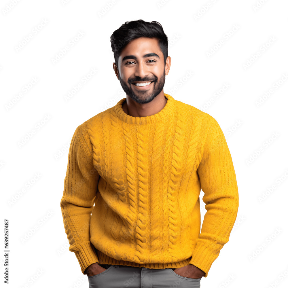 Handsome indian man wearing cozy knitted bright yellow sweater. Winter, autumn vibes. Isolated on transparent background - obrazy, fototapety, plakaty 