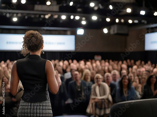Energetic Female Business Motivational Speaker Engaging Back View, Confident Expressions, and Audience Enthusiasm