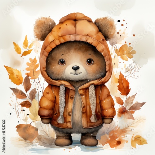 Cute autumn watercolor baby bear isolated