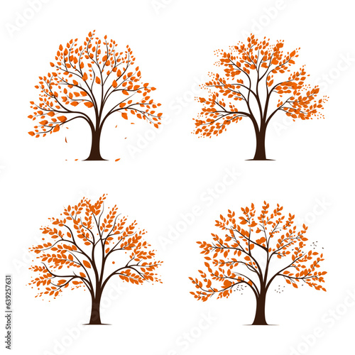 Set of autumn trees with orange leaves isolated on white background