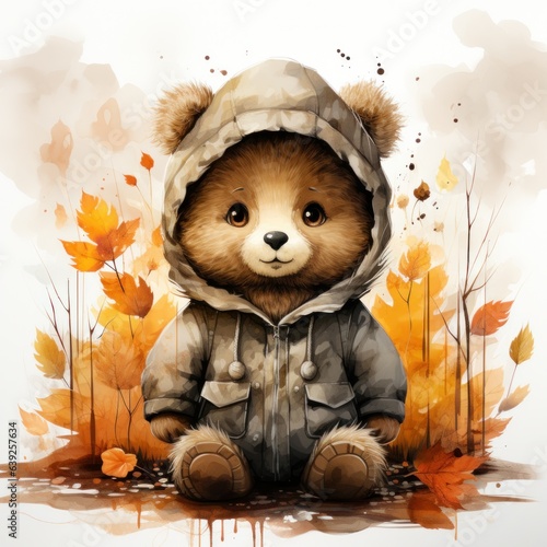 Cute autumn watercolor baby bear isolated