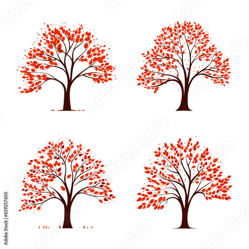 Set of autumn trees with red leaves isolated on white background