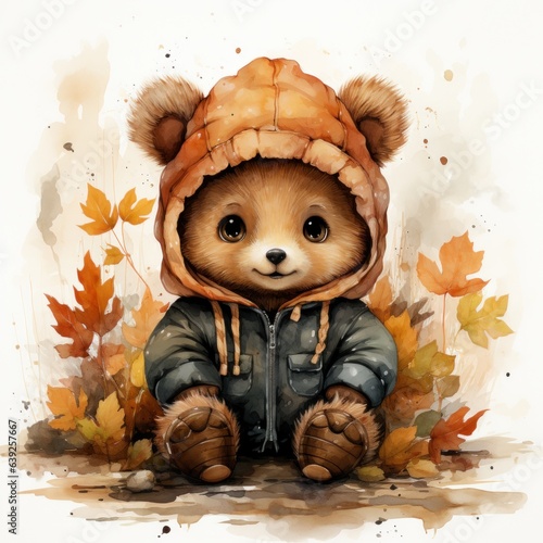 Cute autumn watercolor baby bear isolated