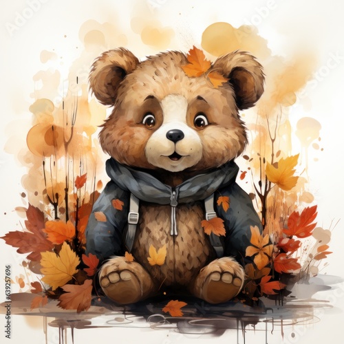 Cute autumn watercolor baby bear isolated