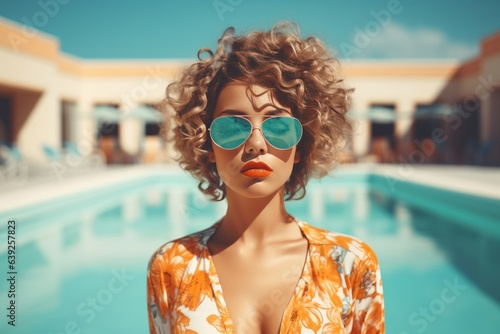 Beautiful girl stand near the pool
