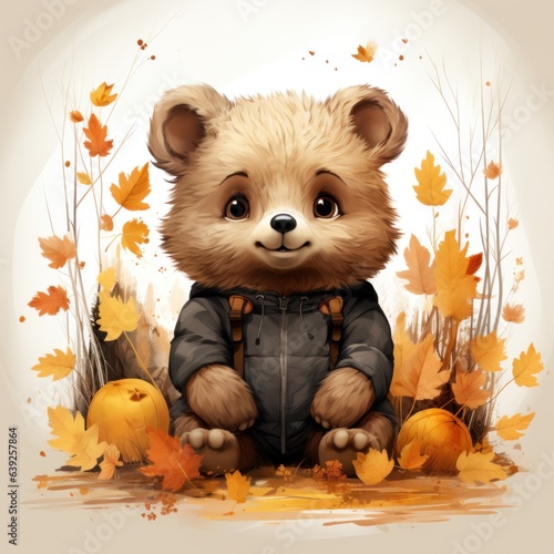 Cute autumn watercolor baby bear isolated