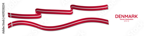 3d Rendered Denmark Flag Ribbons with shadows. Danish flags. Long Flag of Denmark Set. Curled and rendered in perspective. Graphic Resource. Editable Vector Illustration.
