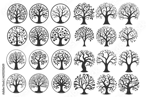 Big collection of tree silhouettes isolated on white background vector illustration