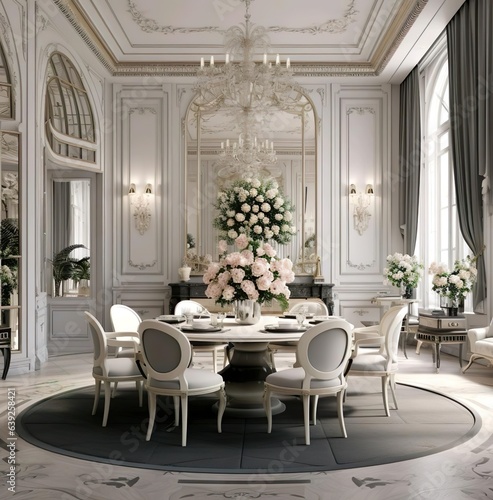 A dining room with a table and chairs with a chandelier above it © Adi