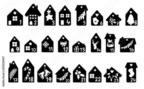 Set of Christmas houses Advent Calendar kids, Numbers 1-24, Gift Tags Labels Plotter Cut file, Christmas ideas DIY, new year house vector silhouette