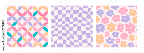 Hippie checkered seamless patterns with daisy flowers, groovy checkerboard backgrounds. Funky vintage aesthetic floral fashion textile print, retro psychedelic waves pattern with daisies vector set